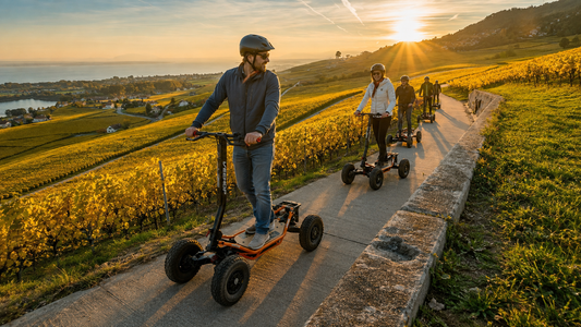 Ride & Wine — groupe en VEE-HOP 4x4 dans les vignobles de La Côte au coucher du soleil