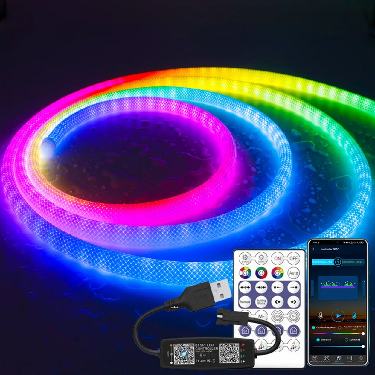 Corde LED Néon RGB avec télécommande, contrôleur et application