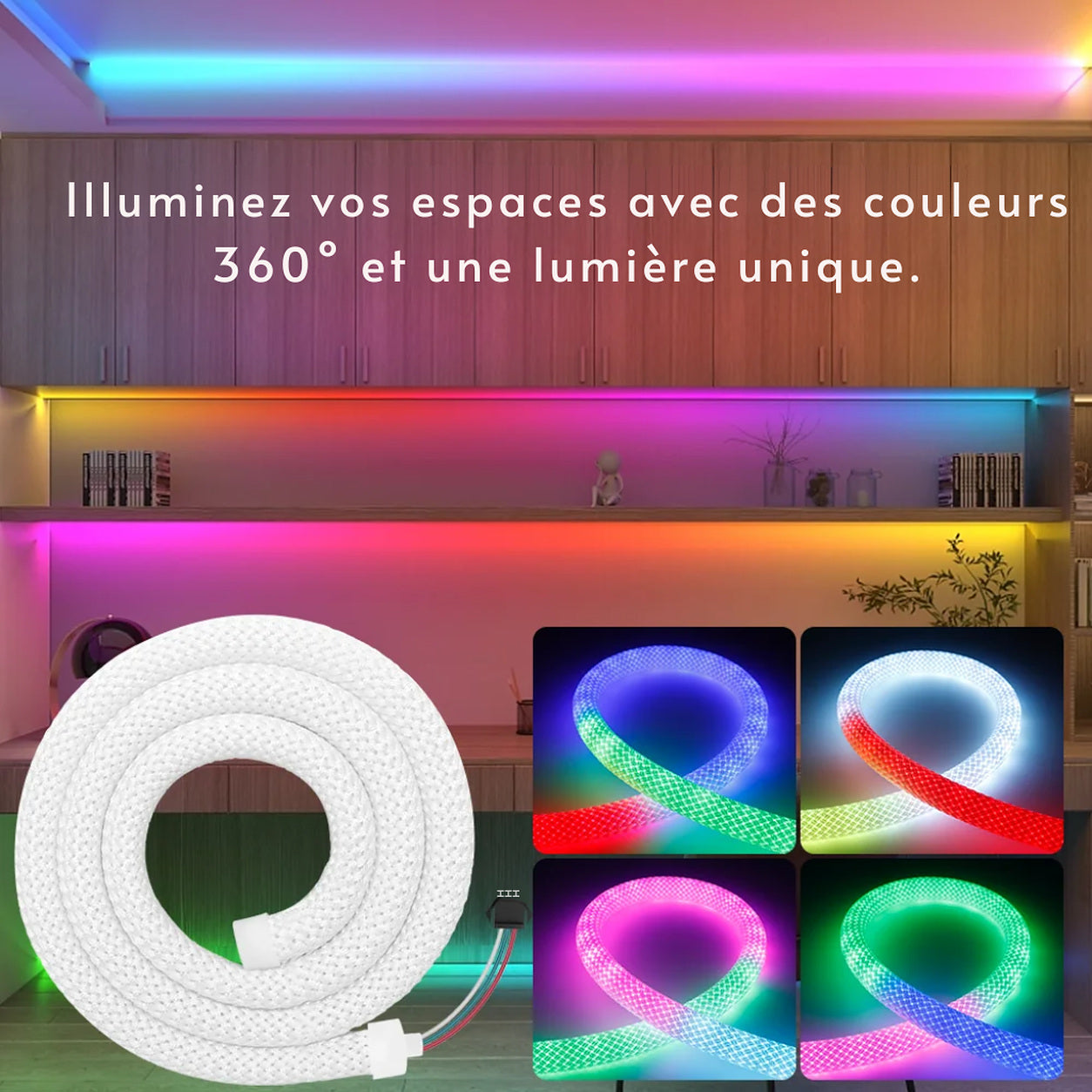 Corde LED Néon RGB, exemples de couleurs et installation