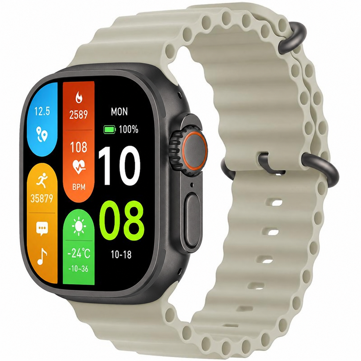 HK10 Ultra-A, boîtier noir et bracelet gris — visuel de variante retouché par IA