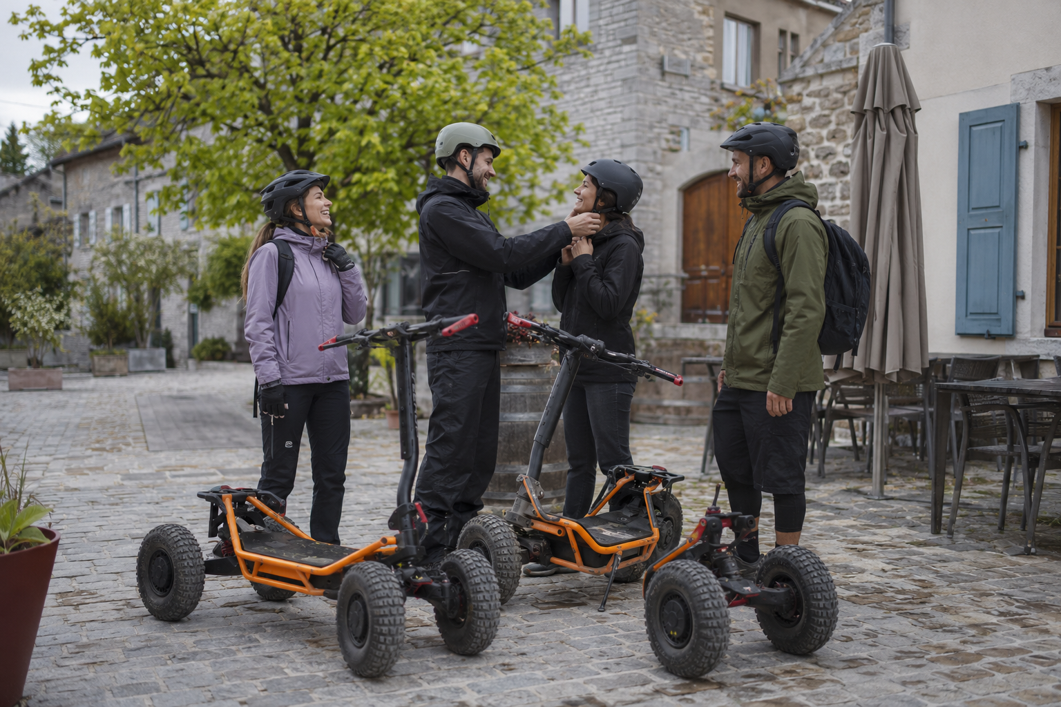 Groupe préparant une sortie en mobilité électrique dans un village vaudois