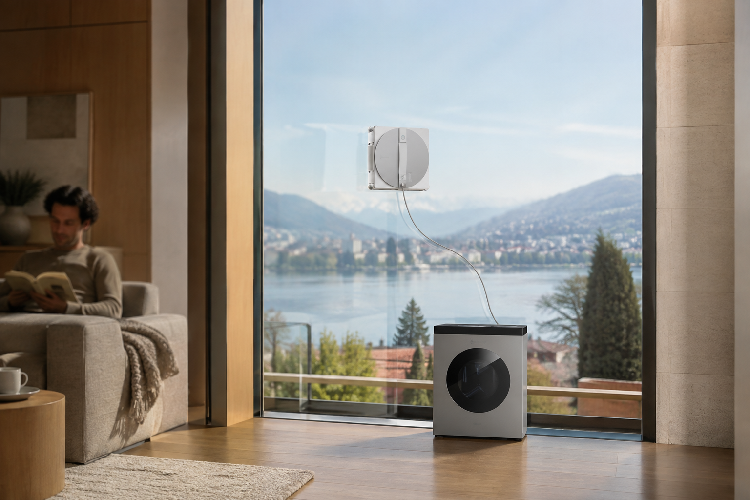 WINBOT W3 OMNI nettoyant une baie vitrée face au Léman
