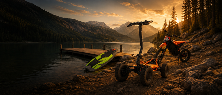 Mobilité électrique THIAMAR – surf électrique, VEE-HOP et moto électrique au bord d’un lac alpin