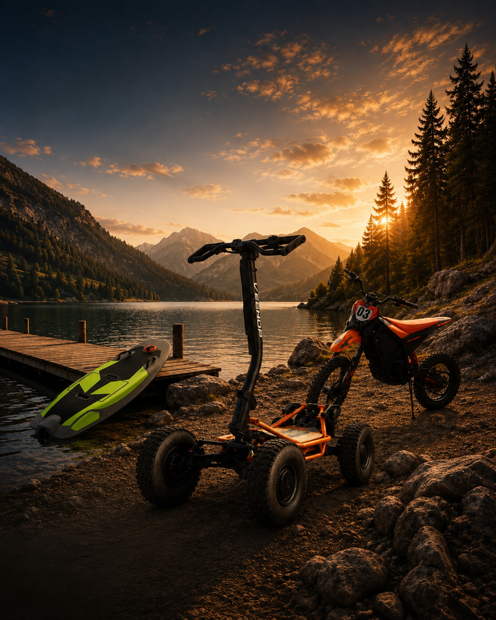 Mobilité électrique THIAMAR – version mobile avec surf électrique, VEE-HOP et moto électrique