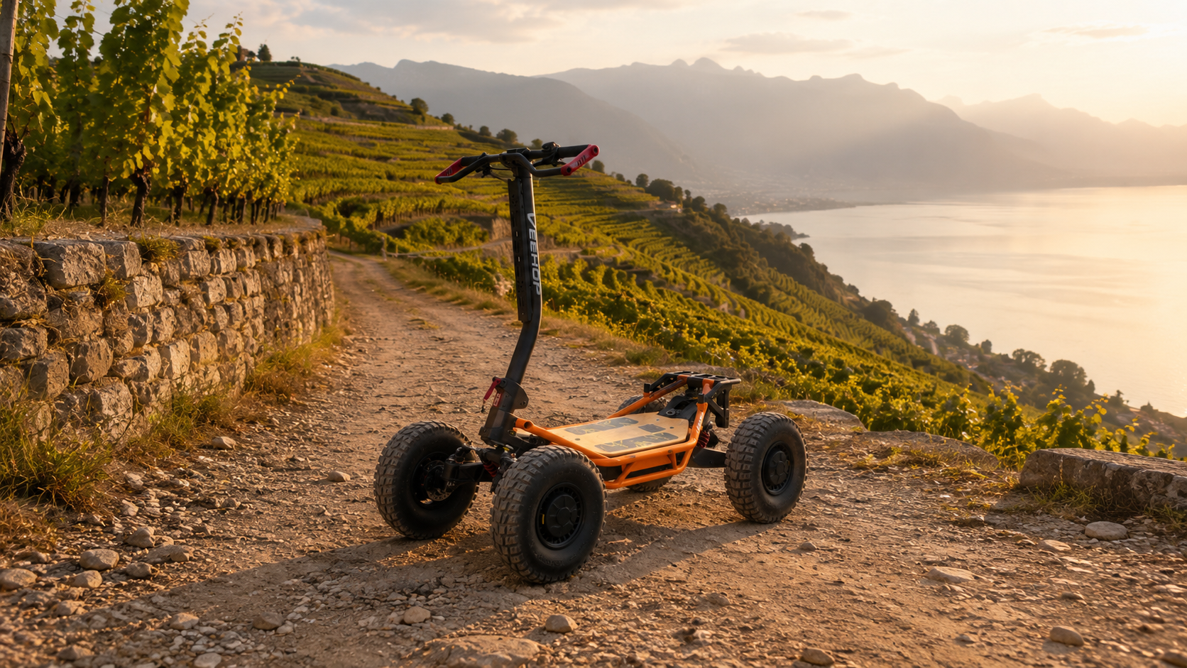 VEE-HOP 4x4 orange dans les vignobles de La Côte au coucher du soleil