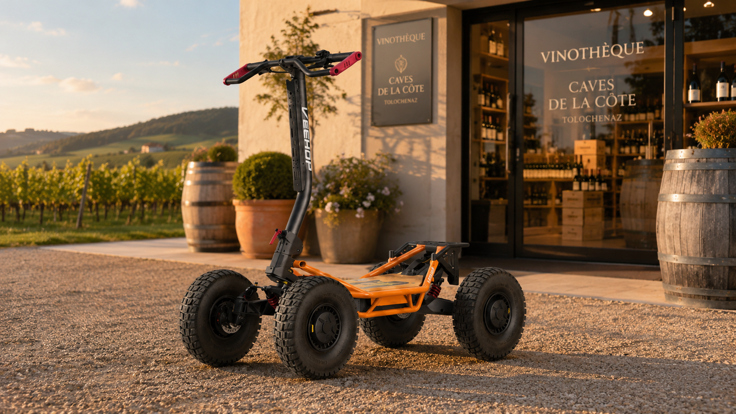 VEE-HOP 4x4 devant la vinothèque des Caves de La Côte à Tolochenaz