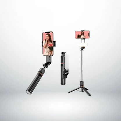 Stabilisateur Selfie L09 en mode poignée, replié et trépied