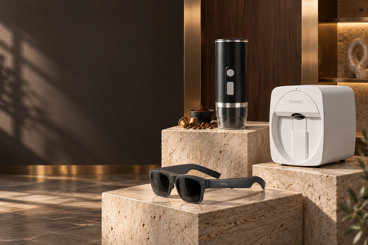 Lunettes TCL, machine à café portable et imprimante O’2NAILS dans une galerie de design