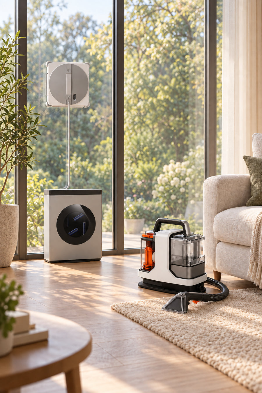 WINBOT W3 OMNI avec sa station et PowerMax Pro dans un salon lumineux
