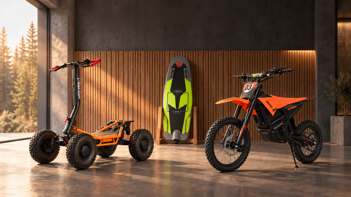 VEE-HOP 4×4, RUSH WAVE RIDER et HEZZO D3 dans un atelier contemporain aux lumières chaleureuses