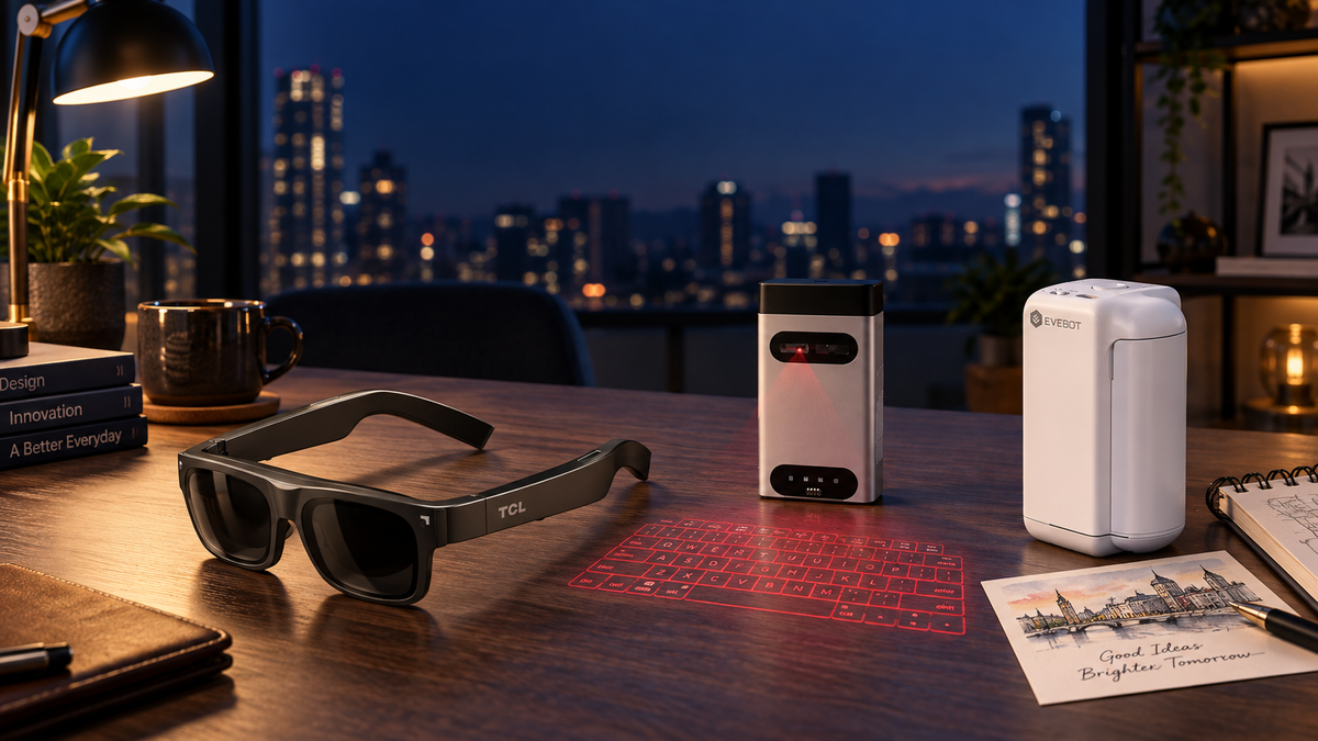 Lunettes TCL NXTWEAR S, clavier LaserTech et imprimante PrintBuddy dans un studio créatif