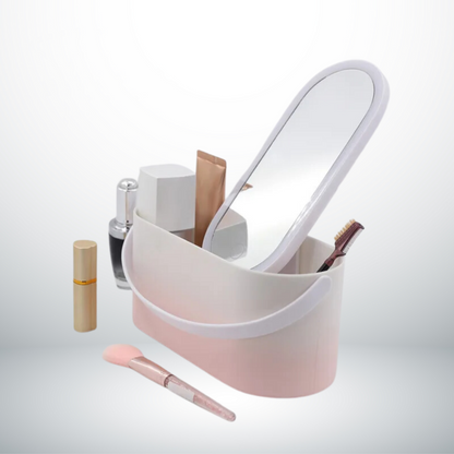 Valise beauté LED rose ouverte avec accessoires de maquillage